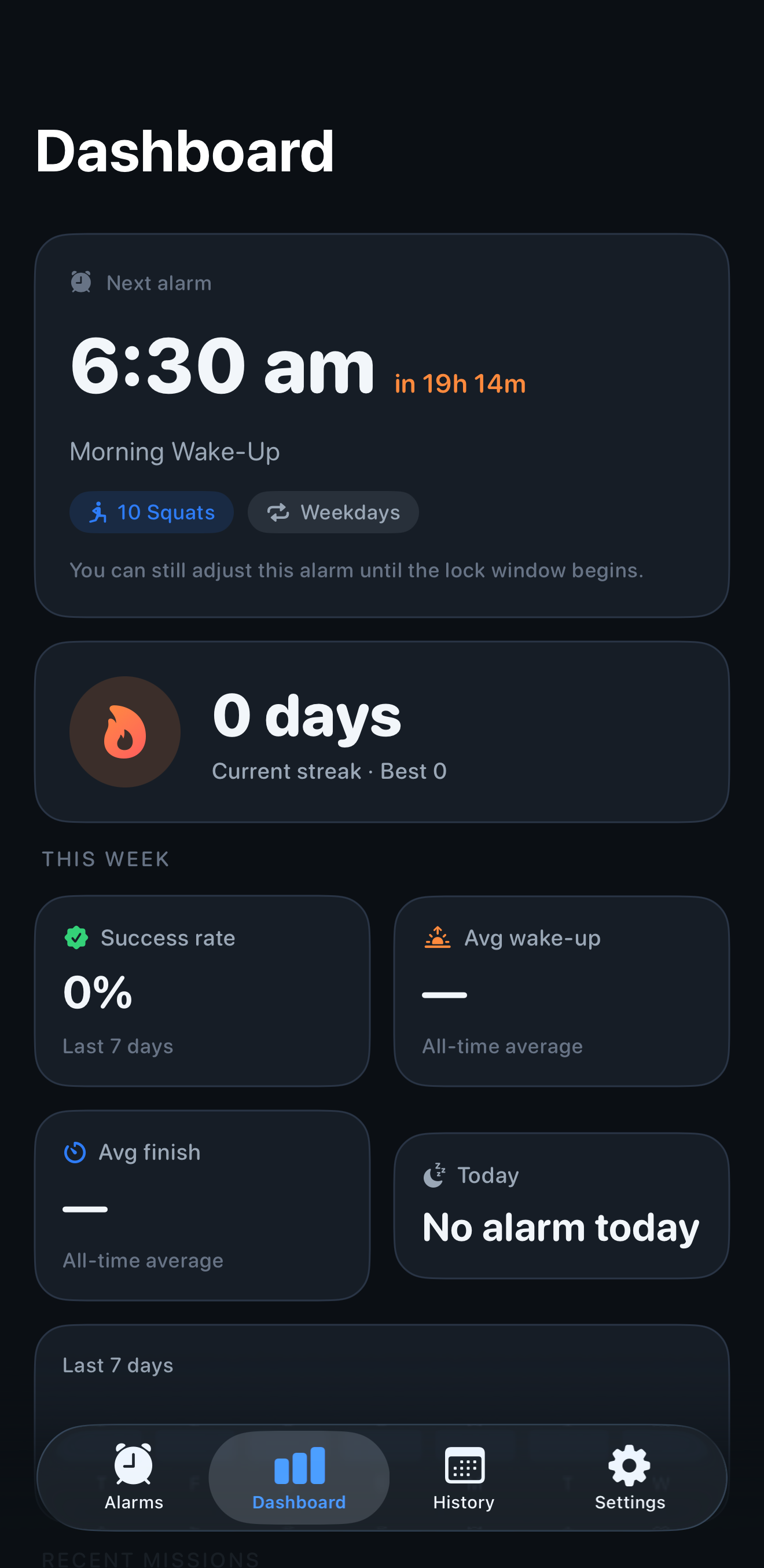 Waiker dashboard showing wake streak and stats